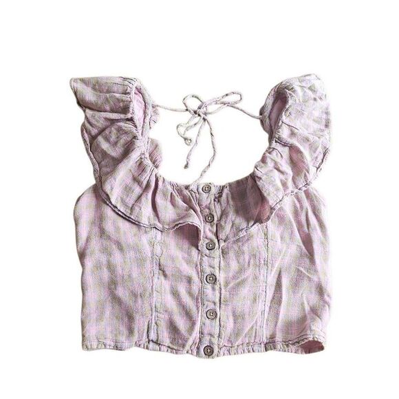 Free people Sz S pink multicolor plaid gone Rogue ruffle crop top - Picture 5 of 9